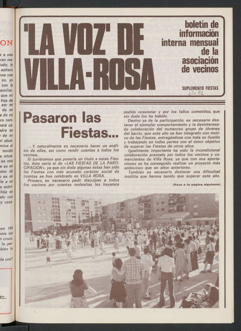 La Voz de Villa-Rosa: boletn informativo mensual de la asociacin de vecinos, suplemento fiestas de 1981