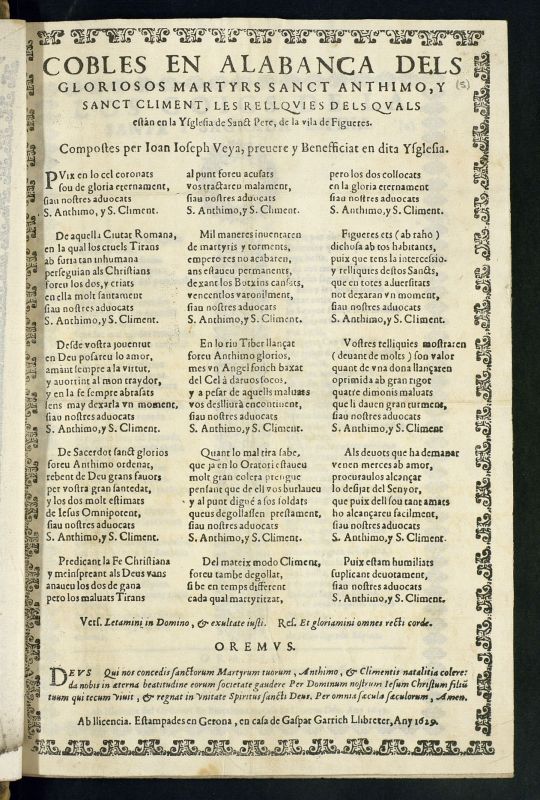 Cobles en alabanca dels gloriosos martyrs sanct Anthimo, y sanct Climent, les rellqvies dels qvals estn en la Yfglesia de sanct Pere, de la vila de Figueres / compostes per Ioan Ioseph, preuere y benefficiat en dita Ysglesia