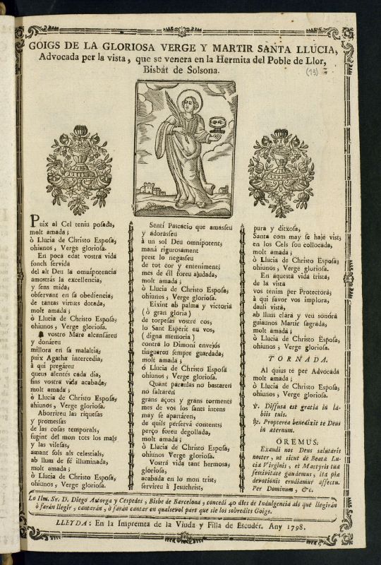 Cobles de la gloriosa verge, y martir santa Llucia, Advocada per la vista : que se venera en la Hermita del Poble de Llor, Bisbat de Solsona