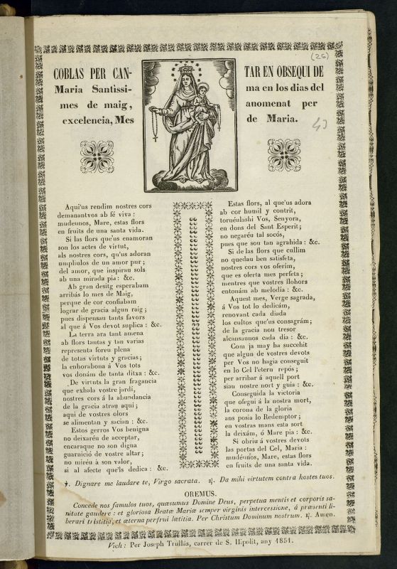 Coblas per cantar en obsequi de Maria Santissima en los das del mes de maig, anomenat per excelencia, Mes de Maria