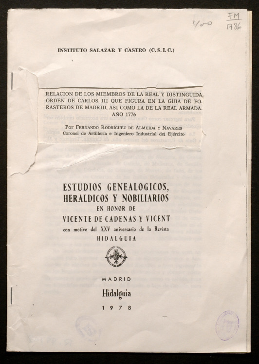 Relacin de los miembros de la Real y distinguida Orden de Carlos III que figura en la Gua de Forasteros de Madrid, as como la de la Real Armada. Ao 1776