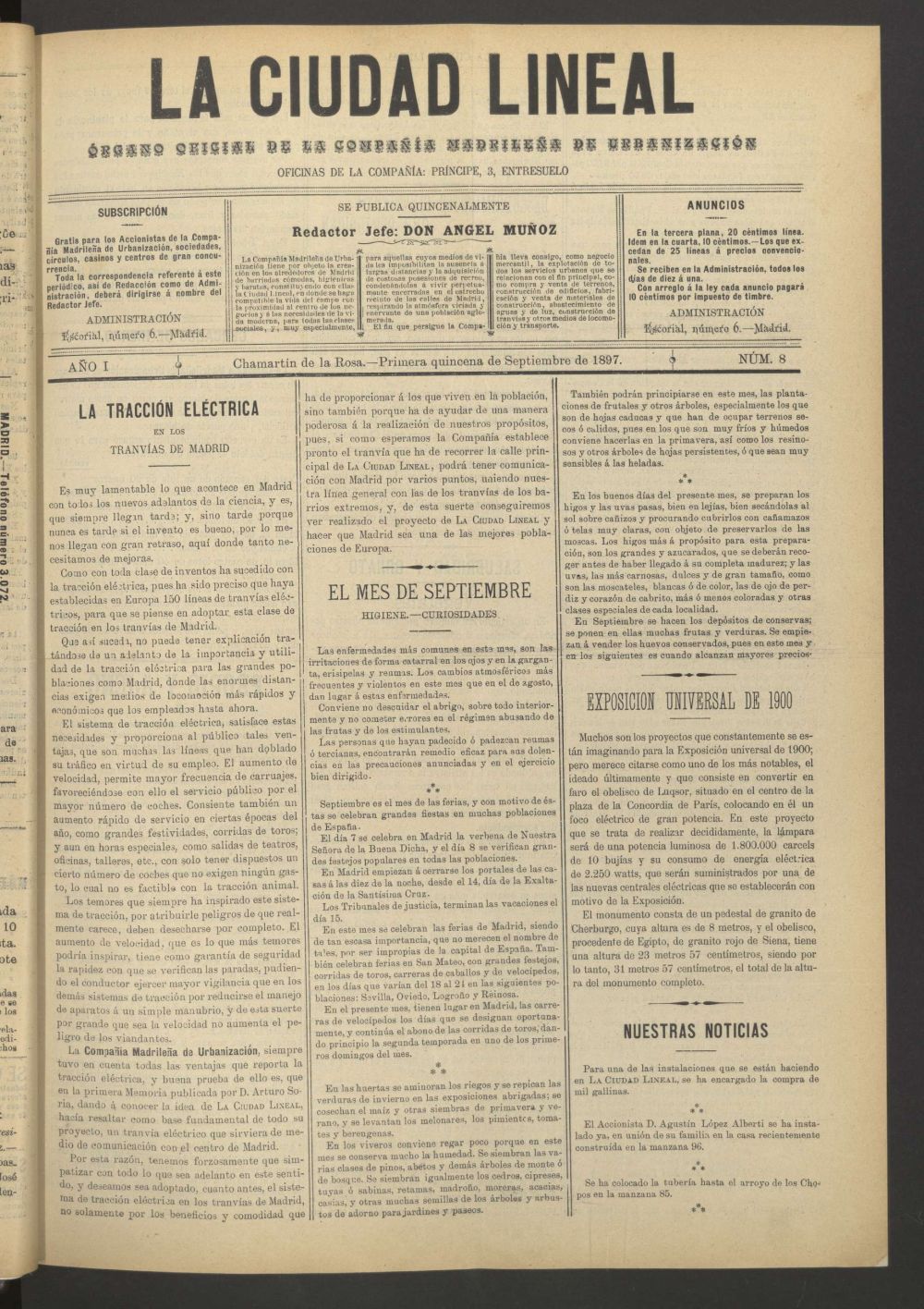 La Ciudad Lineal : rgano oficial de la Compaa Madrilea de Urbanizacin de la primera quincena de septiembre de 1897