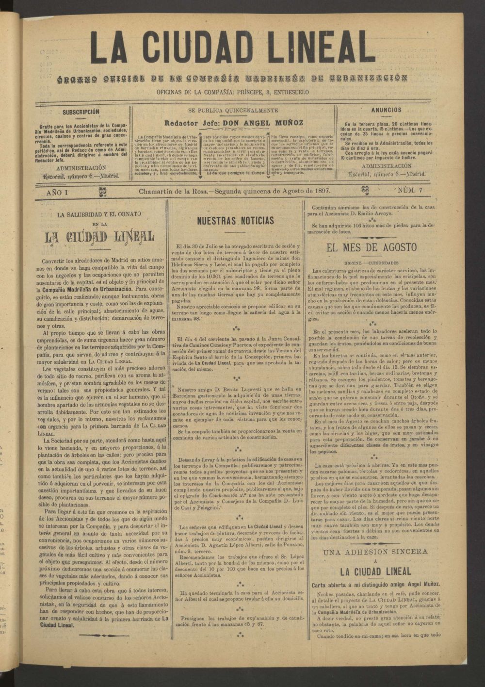 La Ciudad Lineal : rgano oficial de la Compaa Madrilea de Urbanizacin de la segunda quincena de agosto de 1897