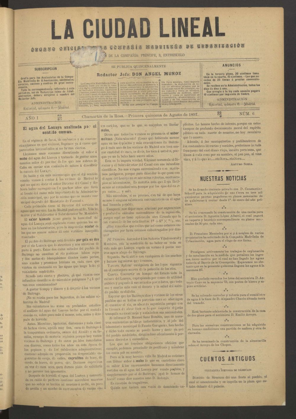 La Ciudad Lineal : rgano oficial de la Compaa Madrilea de Urbanizacin de la primera quincena de agosto de 1897
