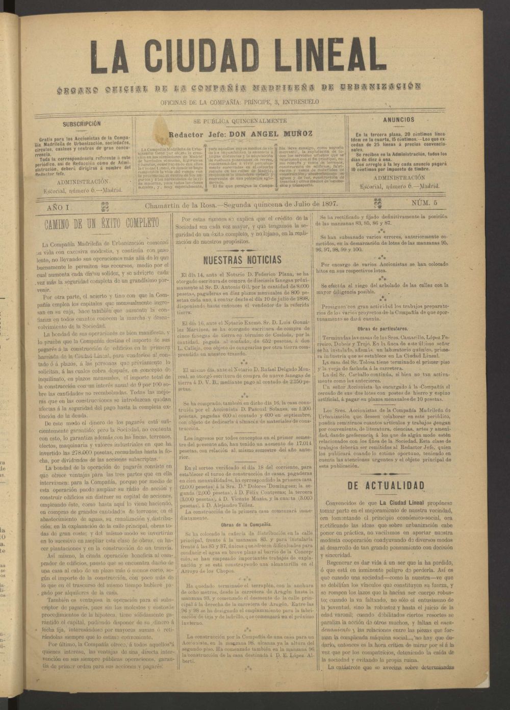 La Ciudad Lineal : rgano oficial de la Compaa Madrilea de Urbanizacin de la segunda quincena de julio de 1897