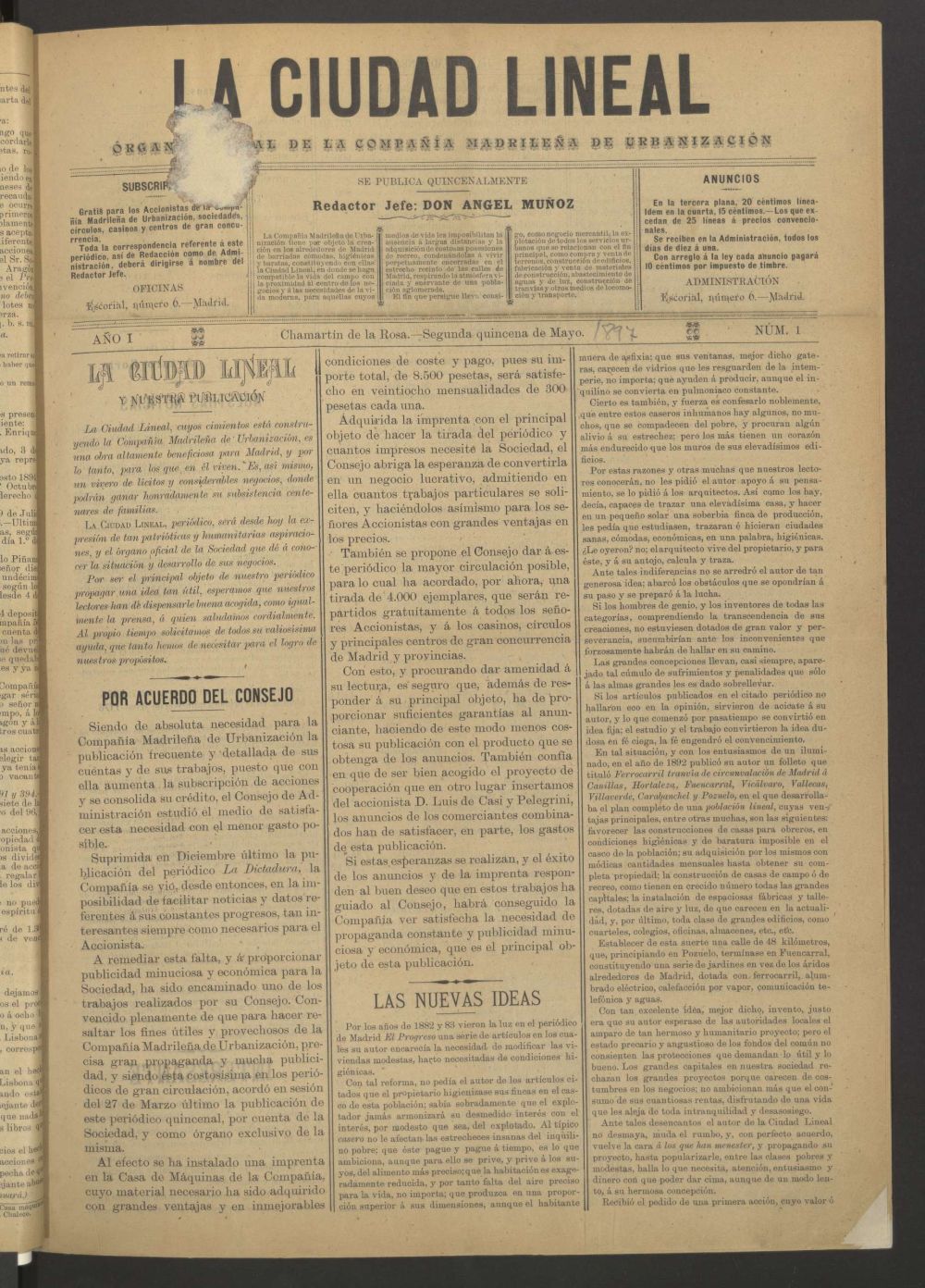 La Ciudad Lineal : rgano oficial de la Compaa Madrilea de Urbanizacin de la segunda quincena de mayo de 1897.