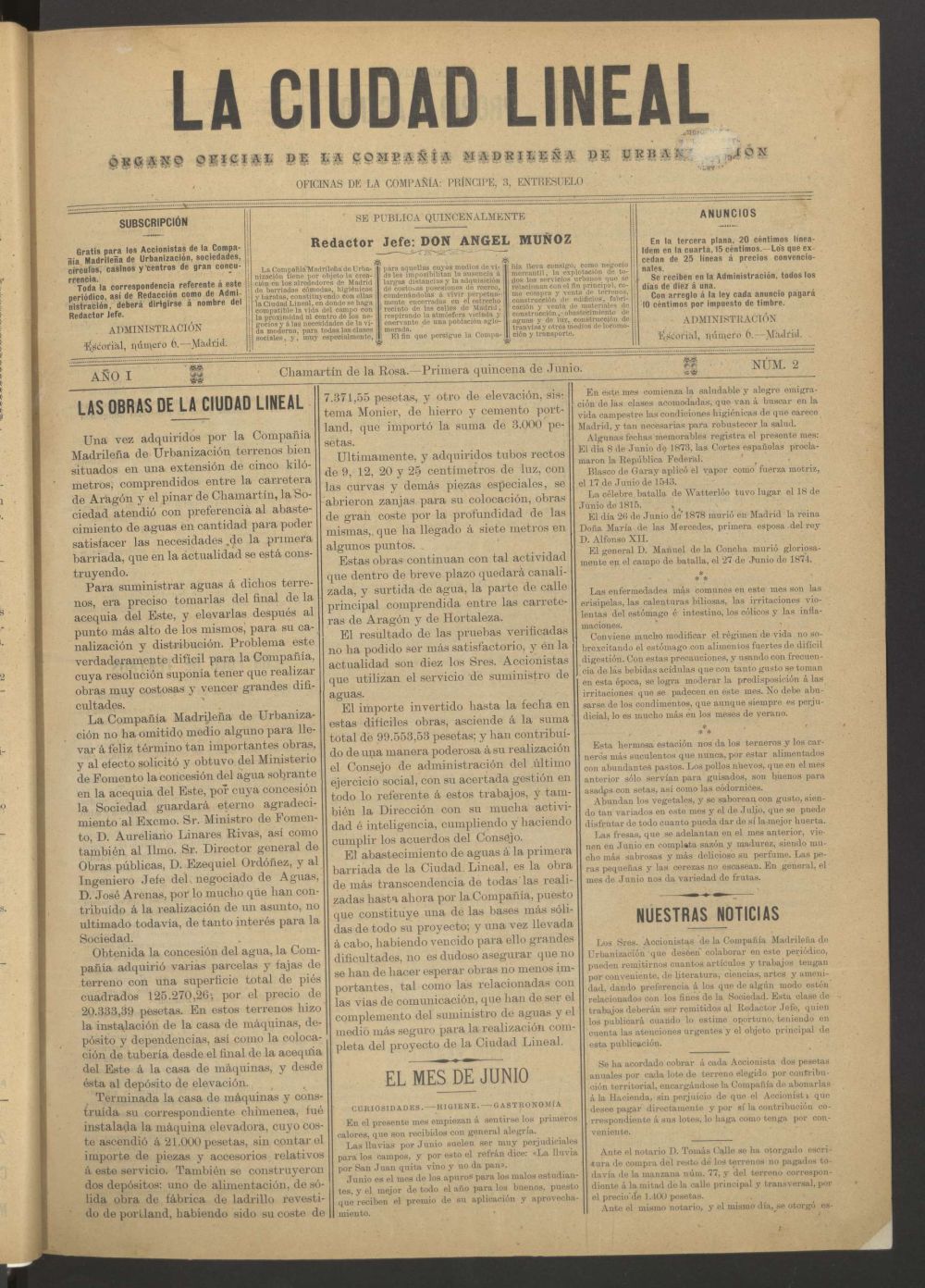 La Ciudad Lineal : rgano oficial de la Compaa Madrilea de Urbanizacin de la primera quincena de junio de 1897