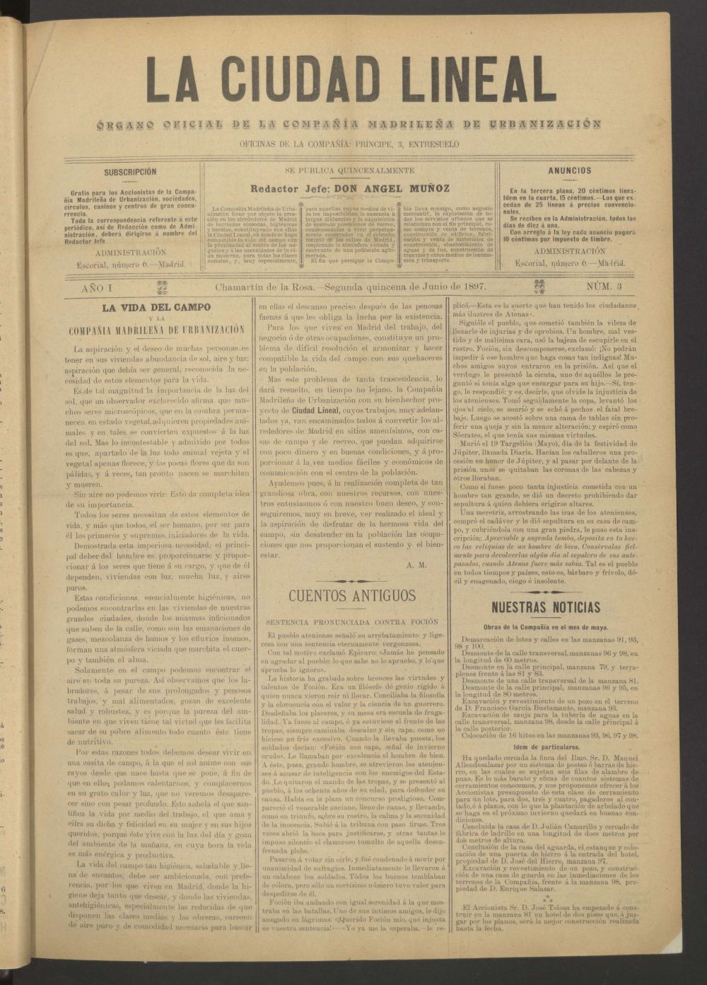 La Ciudad Lineal : rgano oficial de la Compaa Madrilea de Urbanizacin de la segunda quincena de junio de 1897