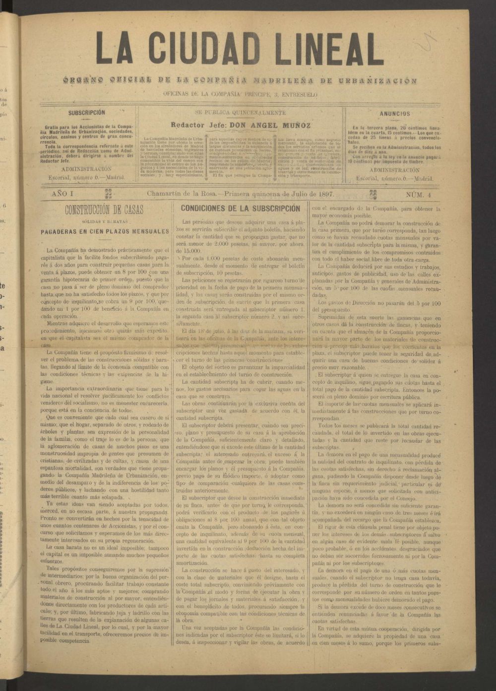 La Ciudad Lineal : rgano oficial de la Compaa Madrilea de Urbanizacin de la primera quincena de julio de 1897