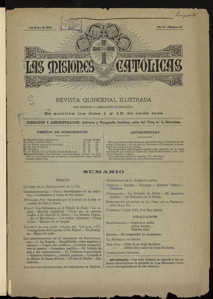Miniatura de Las Misiones Católicas del 1 de enero de 1898