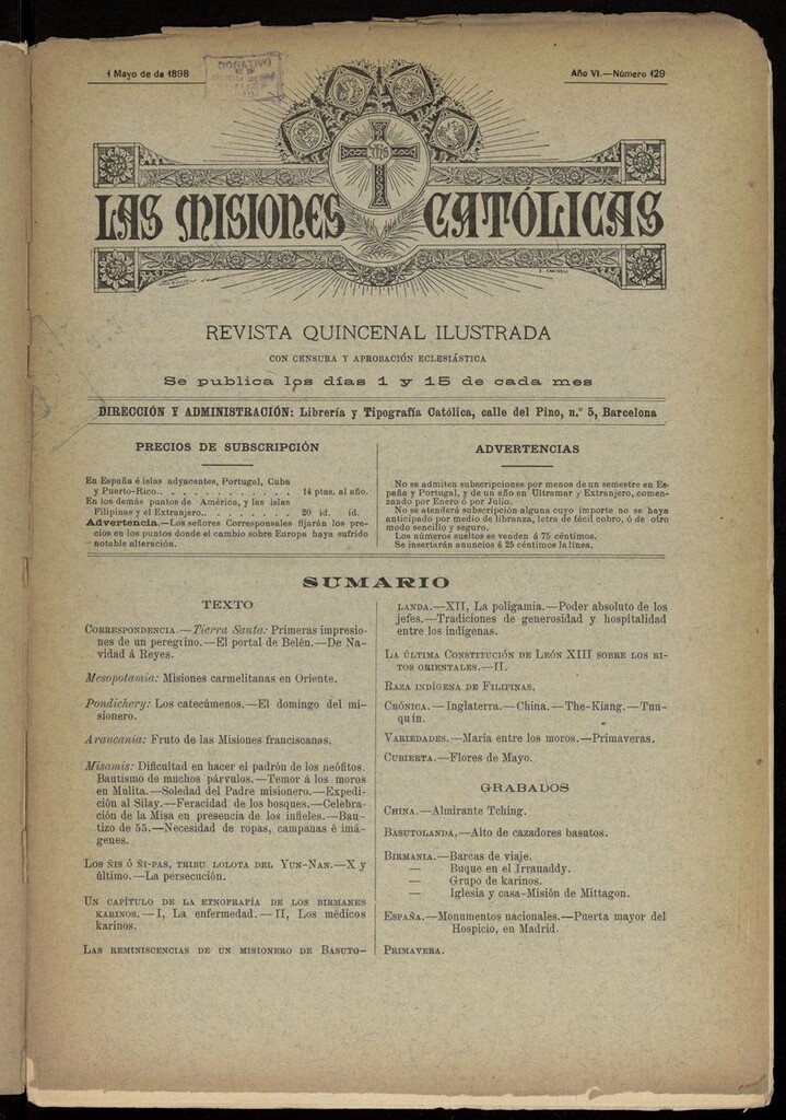 Miniatura de Las Misiones Católicas del 1 de mayo de 1898