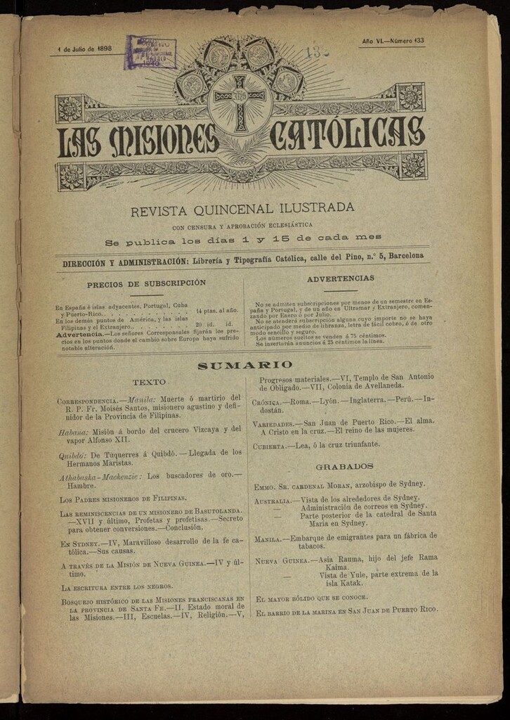 Miniatura de Las Misiones Católicas del 1 de julio de 1898