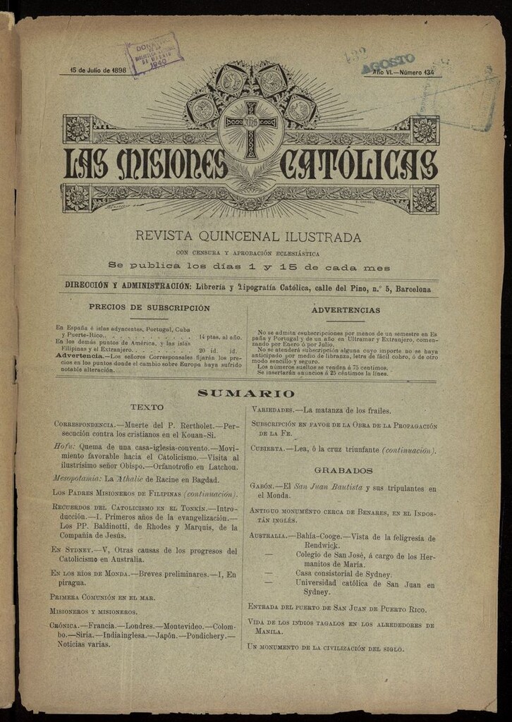 Miniatura de Las Misiones Católicas del 15 de julio de 1898