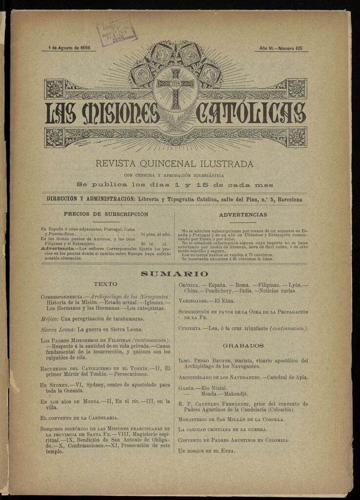 Miniatura de Las Misiones Católicas del 1 de agosto de 1898