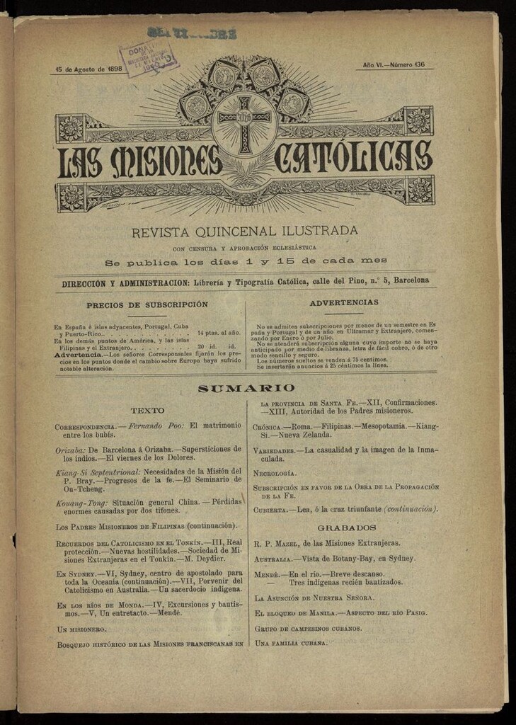 Miniatura de Las Misiones Católicas del 15 de agosto de 1898
