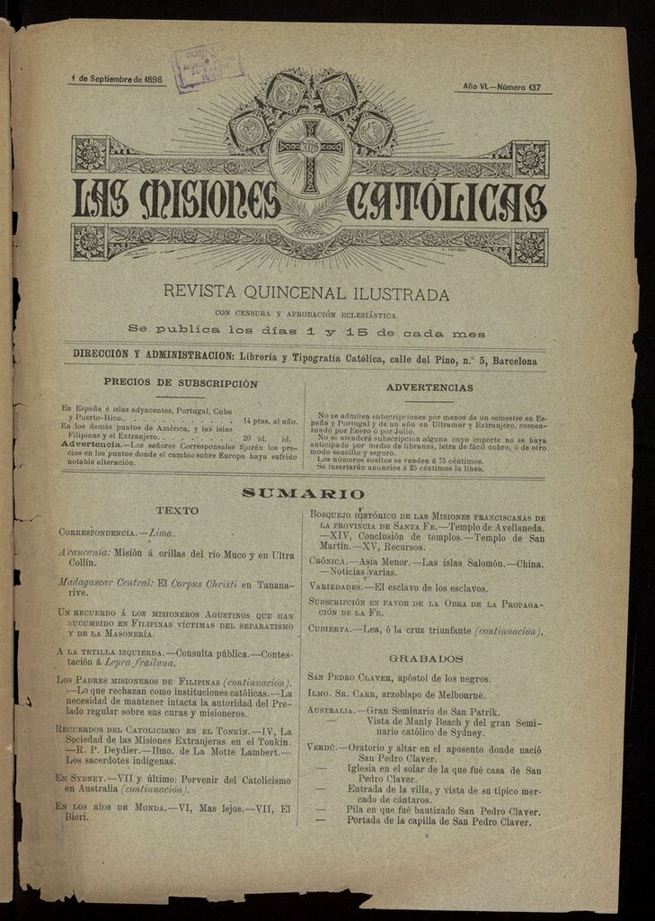 Miniatura de Las Misiones Católicas del 1 de septiembre de 1898