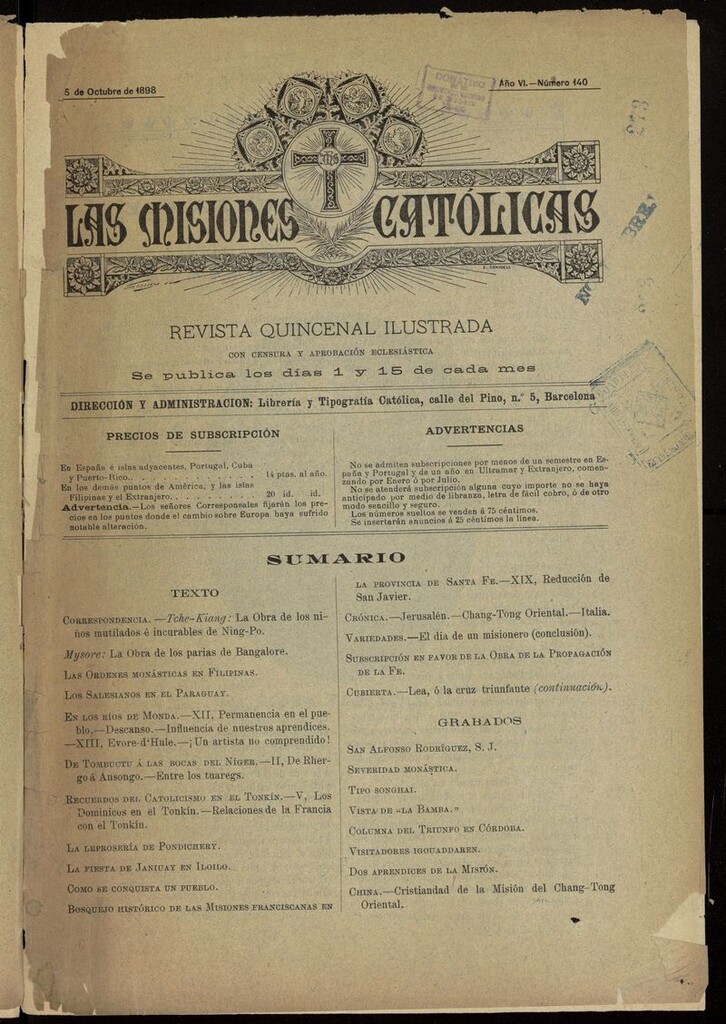 Miniatura de Las Misiones Católicas del 15 de octubre de 1898