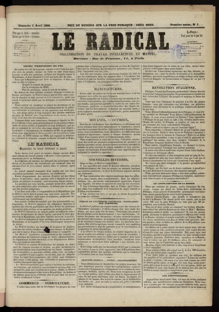 Miniatura de Le Radical: organisation du travail intellectuel et manuel del 2 de abril de 1848, nº 1