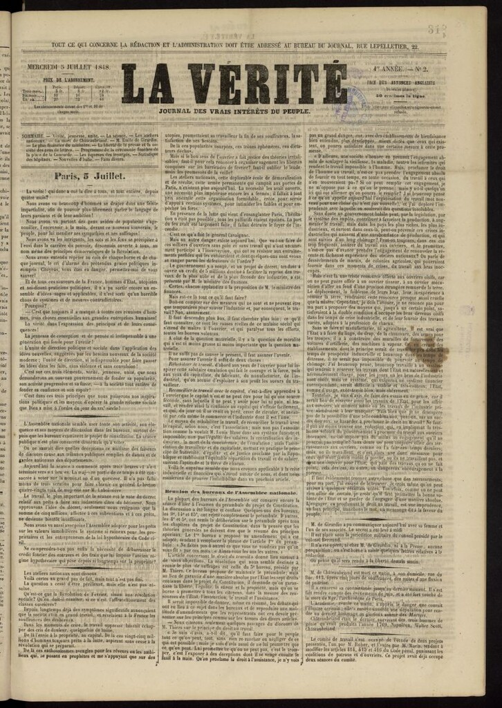 Miniatura de La Verité: journal des intérêts du pêuple del 5 de julio de 1848, nº 2