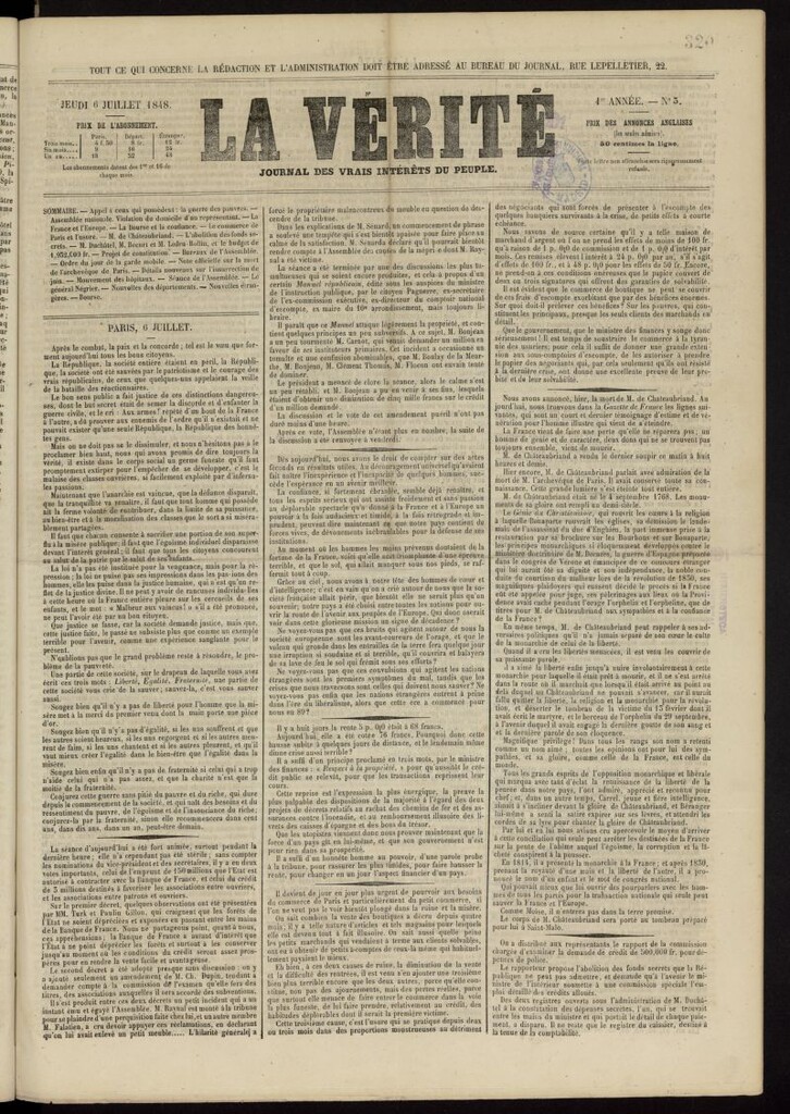 Miniatura de La Verité: journal des intérêts du pêuple del 6 de julio de 1848, nº 3