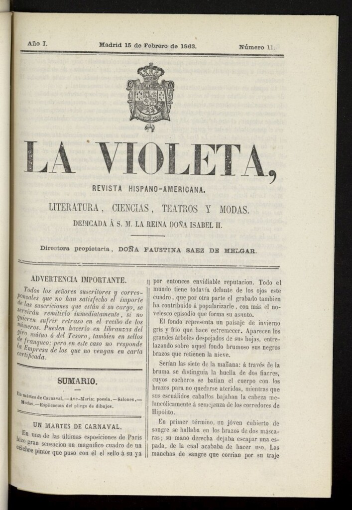 Miniatura de La Violeta: revista hispano-americana del 15 de febrero de 1863, nº 11