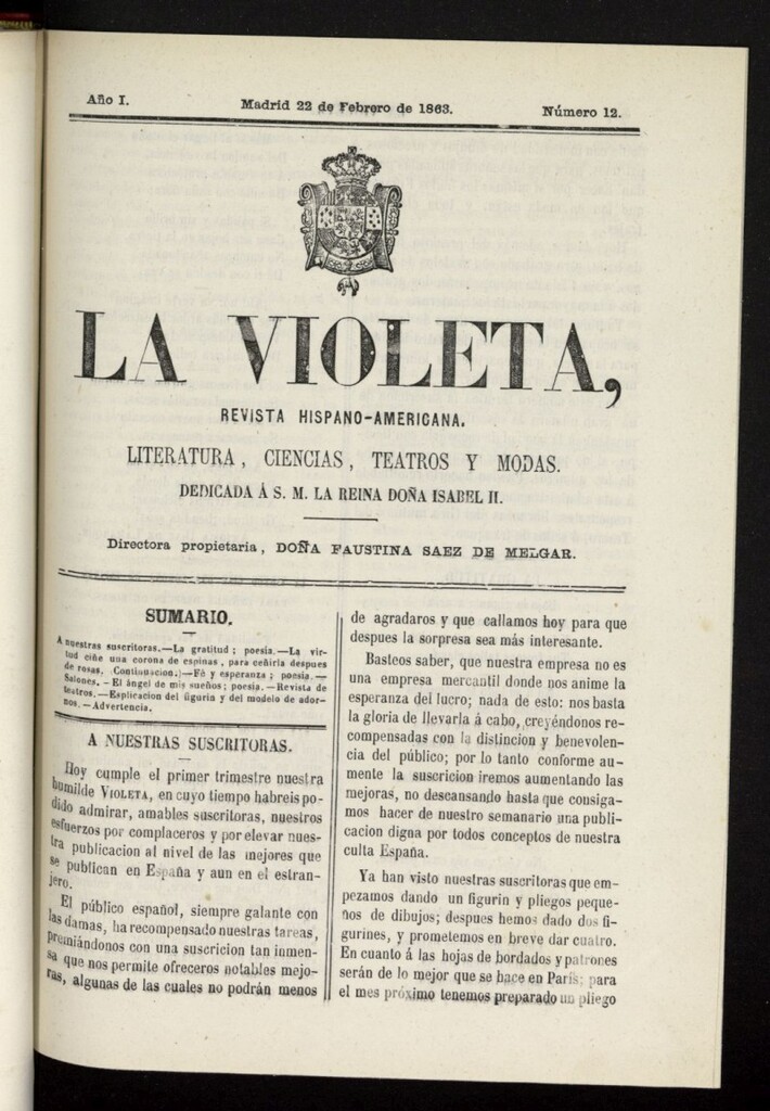 Miniatura de La Violeta: revista hispano-americana del 22 de febrero de 1863, nº 12