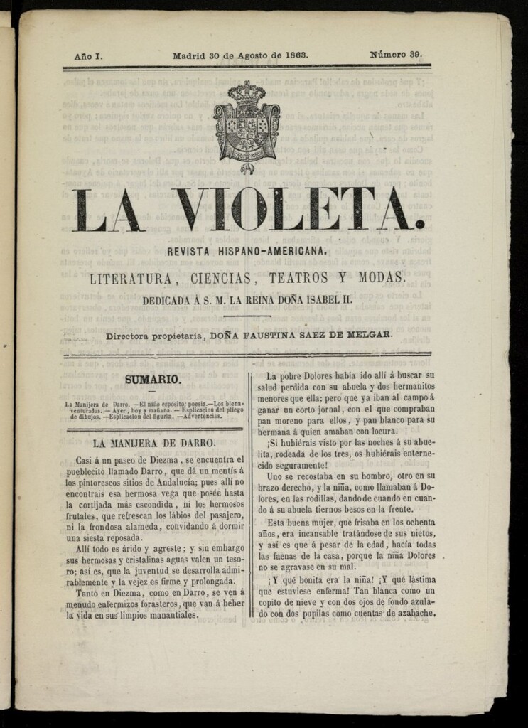 Miniatura de La Violeta: revista hispano-americana del 30 de agosto de 1863, nº 39