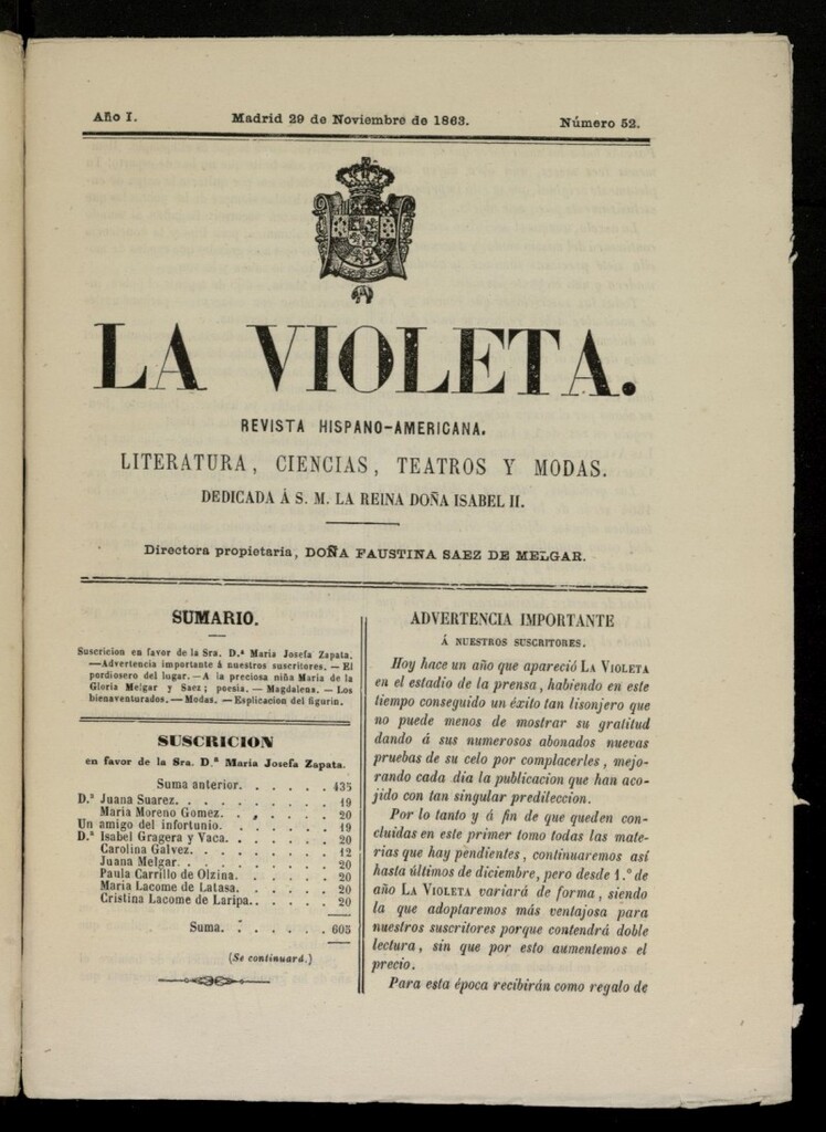 Miniatura de La Violeta: revista hispano-americana del 29 de noviembre de 1863, nº 52