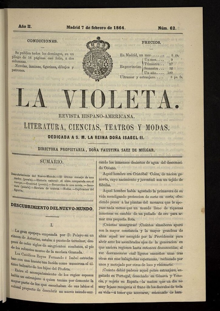 Miniatura de La Violeta: revista hispano-americana del 7 de febrero de 1864, nº 62
