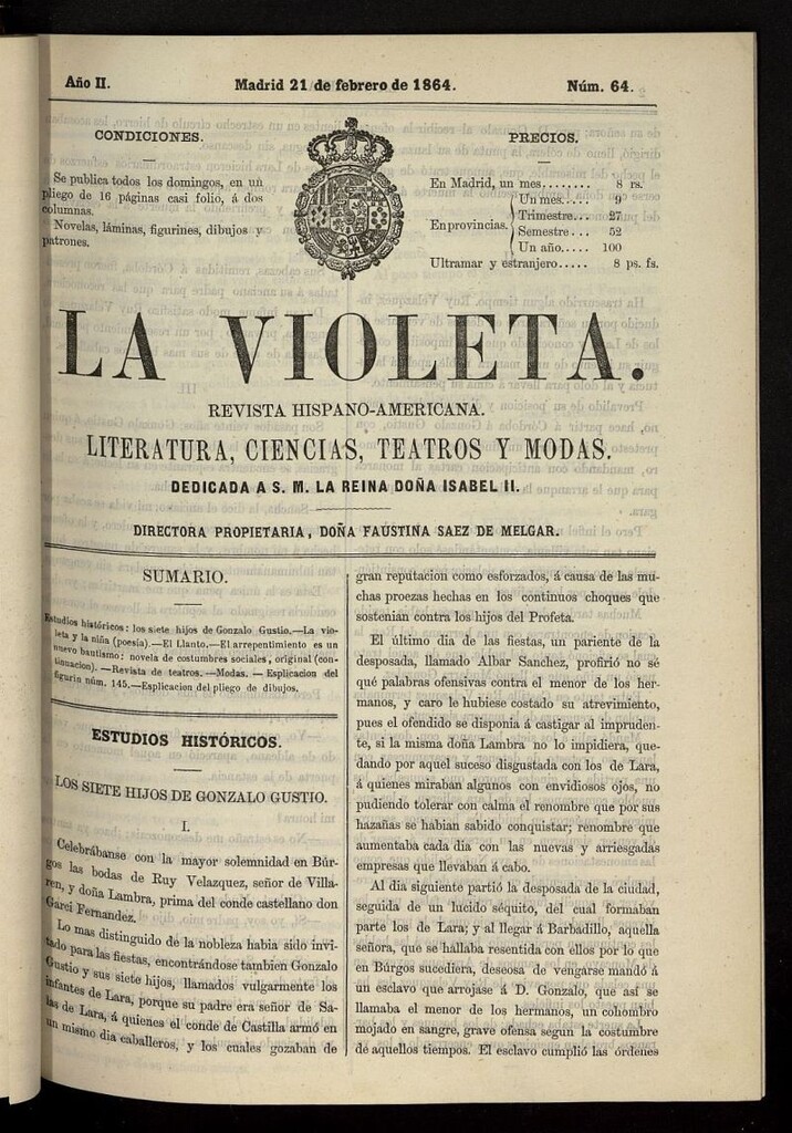 Miniatura de La Violeta: revista hispano-americana del 21 de febrero de 1864, nº 64