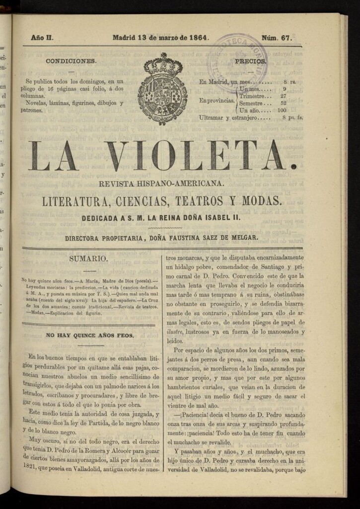Miniatura de La Violeta: revista hispano-americana del 13 de marzo de 1864, nº 67