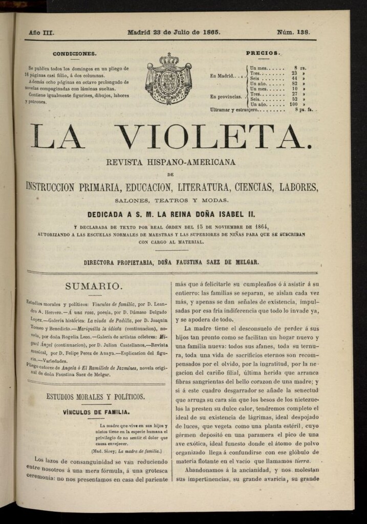 Miniatura de La Violeta: revista hispano-americana del 23 de julio de 1865, nº 138