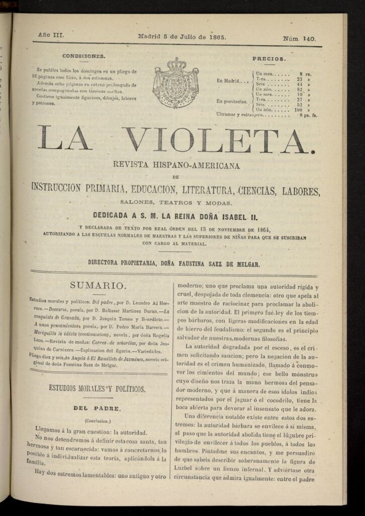 Miniatura de La Violeta: revista hispano-americana del 5 de julio [sic] de 1865, nº 140