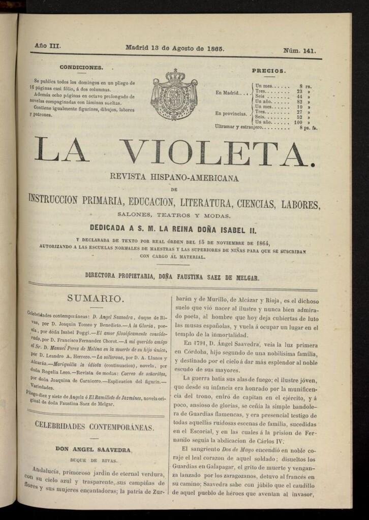 Miniatura de La Violeta: revista hispano-americana del 13 de agosto de 1865, nº 141
