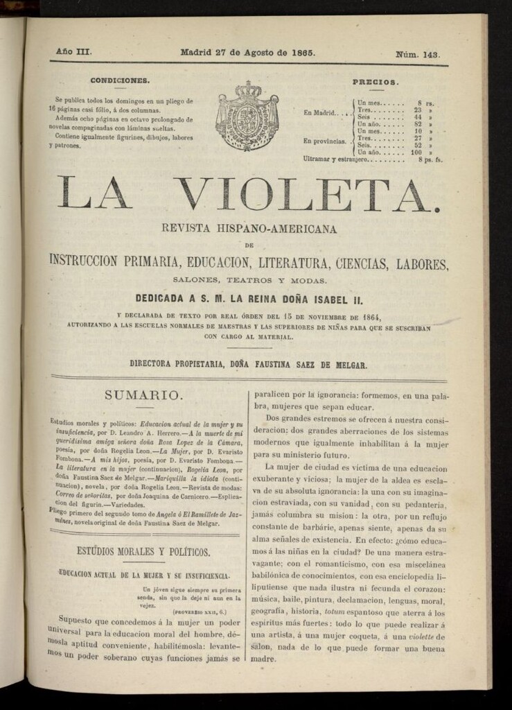 Miniatura de La Violeta: revista hispano-americana del 27 de agosto de 1865, nº 143