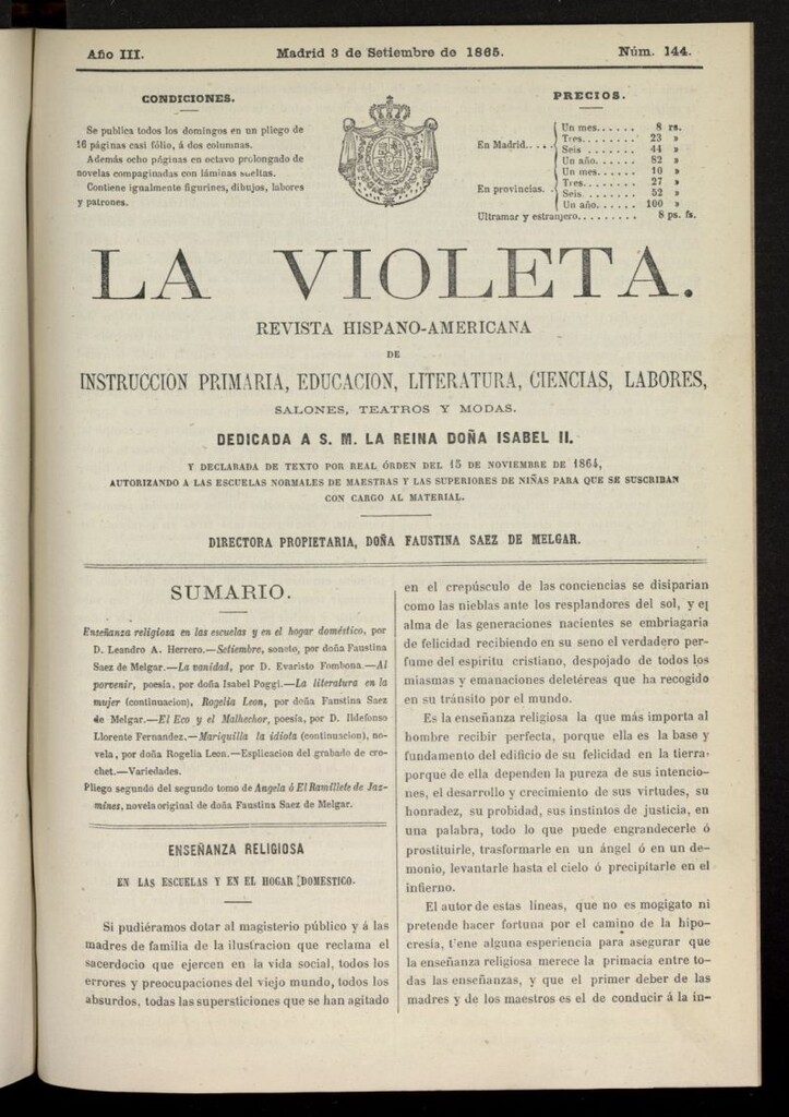 Miniatura de La Violeta: revista hispano-americana del 3 de septiembre de 1865, nº 144