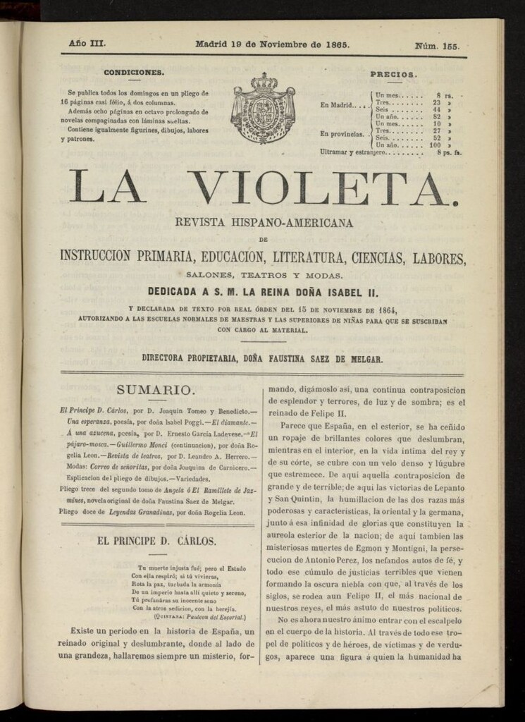 Miniatura de La Violeta: revista hispano-americana del 19 de noviembre de 1865, nº 155