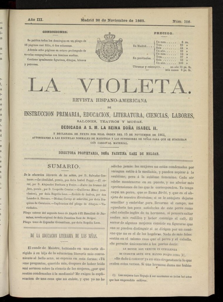 Miniatura de La Violeta: revista hispano-americana del 26 de noviembre de 1865, nº 156