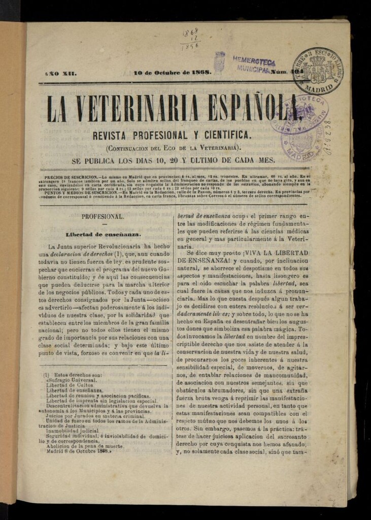 Miniatura de La Veterinaria revista profesional y científica del 10 de octubre de 1868, nº 404