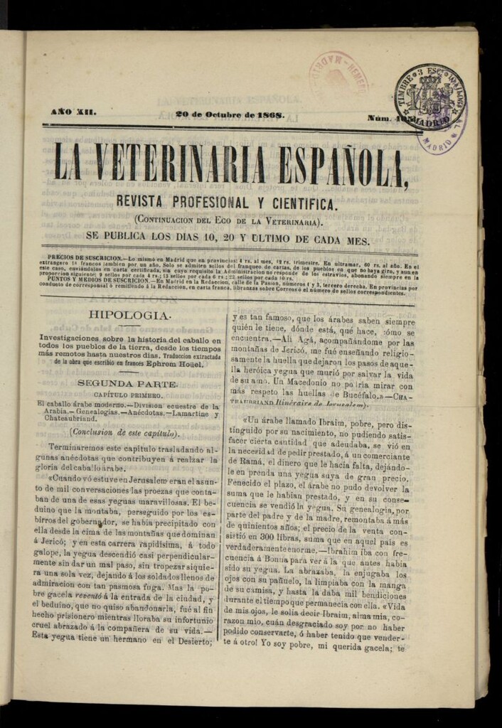 Miniatura de La Veterinaria revista profesional y científica del 20 de octubre de 1868, nº 405