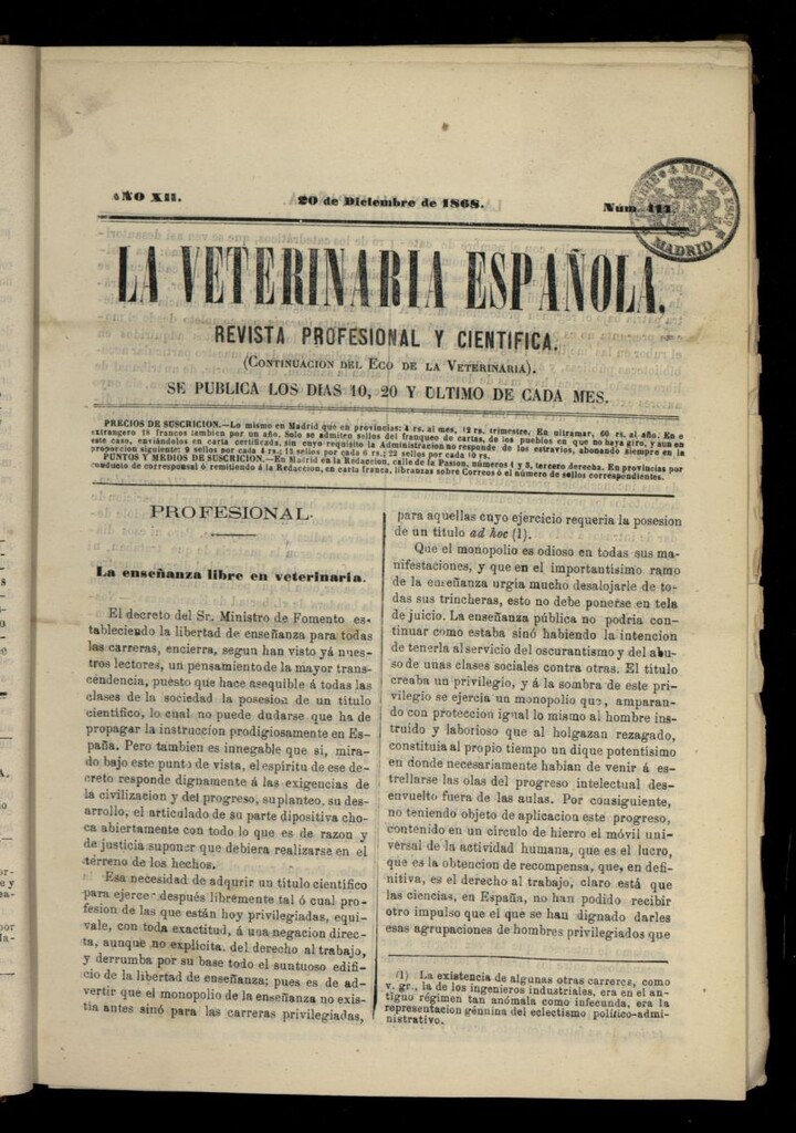 Miniatura de La Veterinaria revista profesional y científica del 20 de diciembre de 1868, nº 411