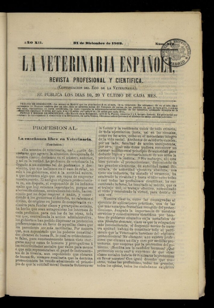 Miniatura de La Veterinaria revista profesional y científica del 31 de diciembre de 1868, nº 412
