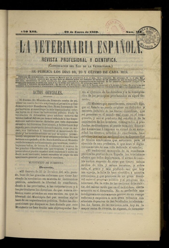 Miniatura de La Veterinaria revista profesional y científica del 20 de enero de 1869, nº 414