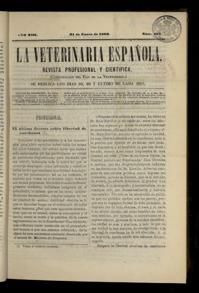 Miniatura de La Veterinaria revista profesional y científica del 31 de enero de 1869, nº 415