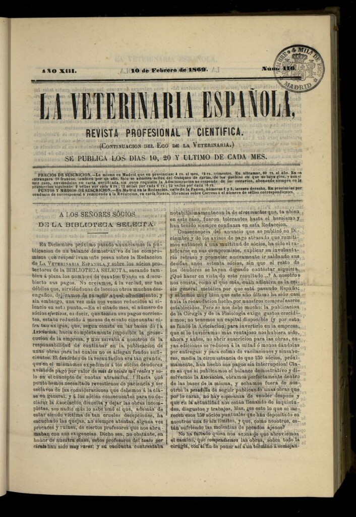 Miniatura de La Veterinaria revista profesional y científica del 10 de febrero de 1869, nº 416