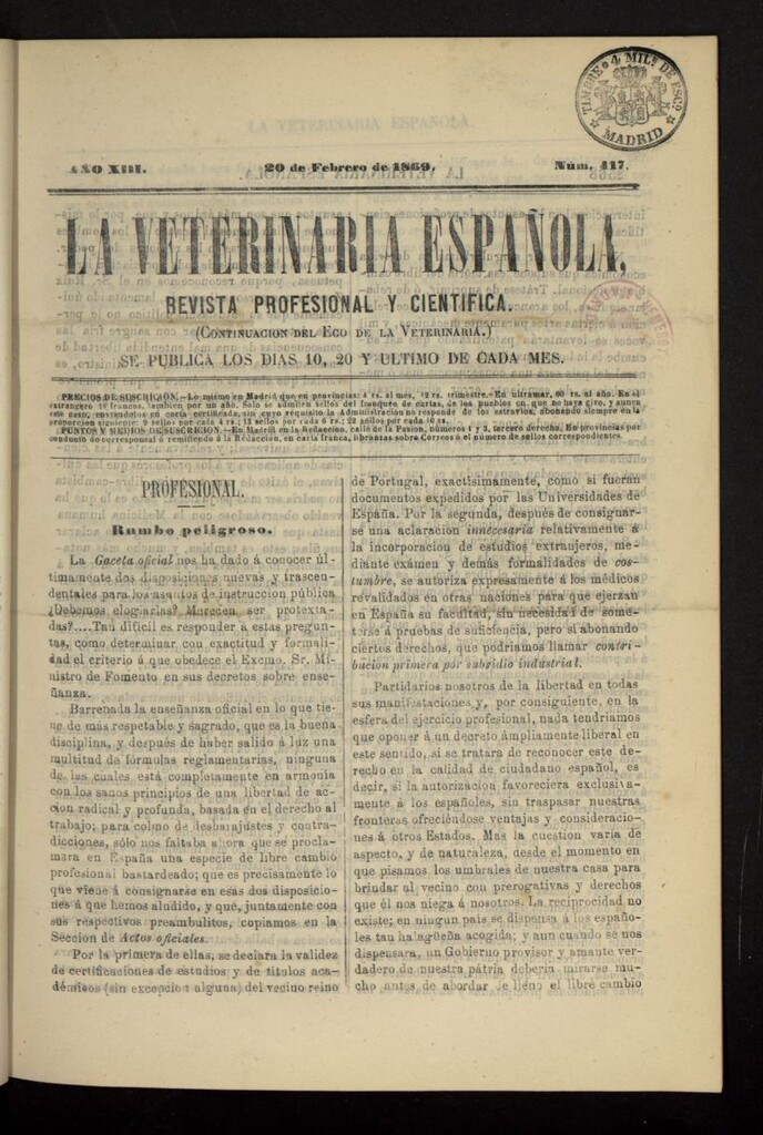 Miniatura de La Veterinaria revista profesional y científica del 20 de febrero de 1869, nº 417