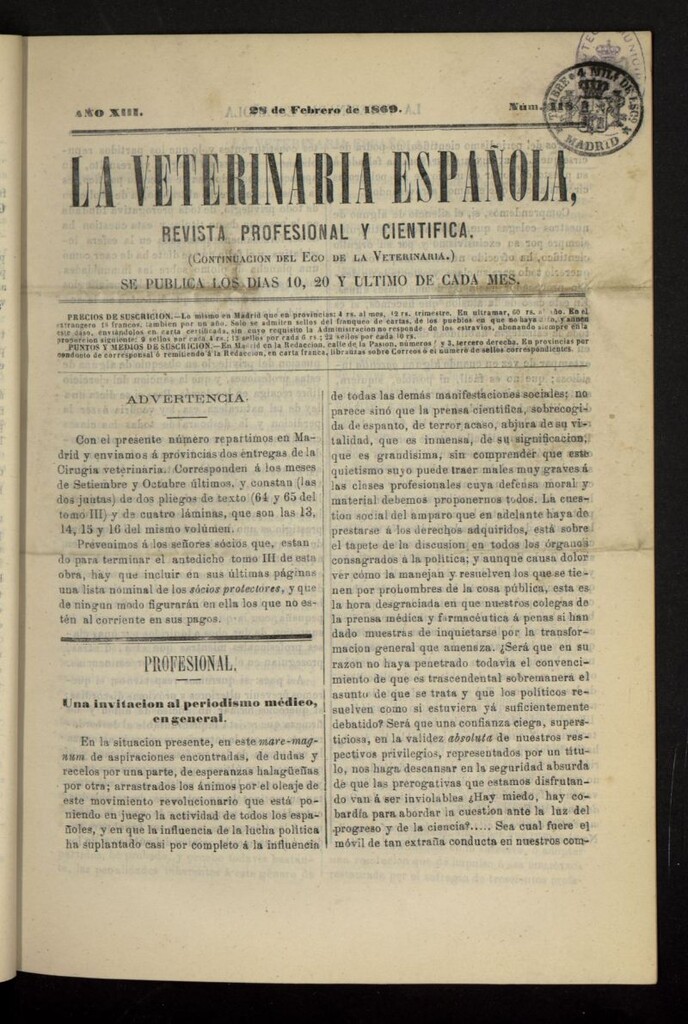 Miniatura de La Veterinaria revista profesional y científica del 28 de febrero de 1869, nº 418