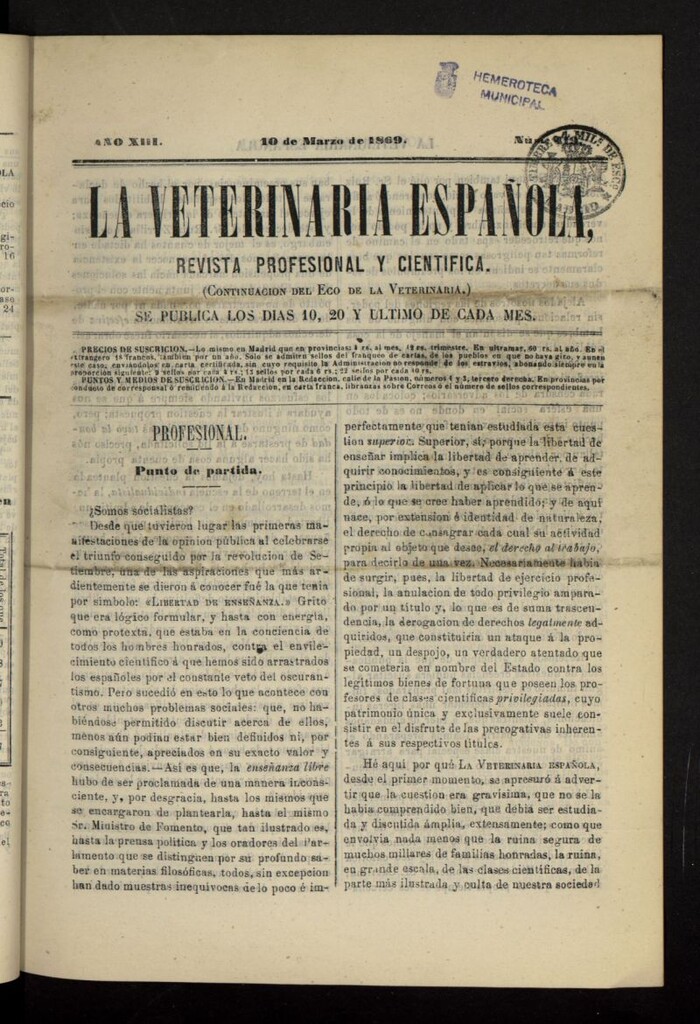 Miniatura de La Veterinaria revista profesional y científica del 10 de marzo de 1869, nº 419