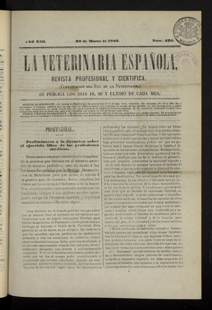 Miniatura de La Veterinaria revista profesional y científica del 20 de marzo de 1869, nº 420