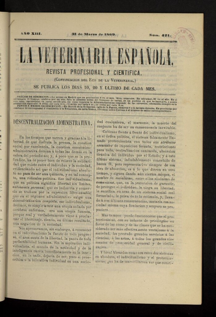 Miniatura de La Veterinaria revista profesional y científica del 31 de marzo de 1869, nº 421